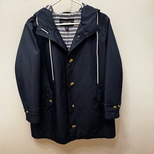 Lands' End Navy Raincoat with blue/white stripe lining